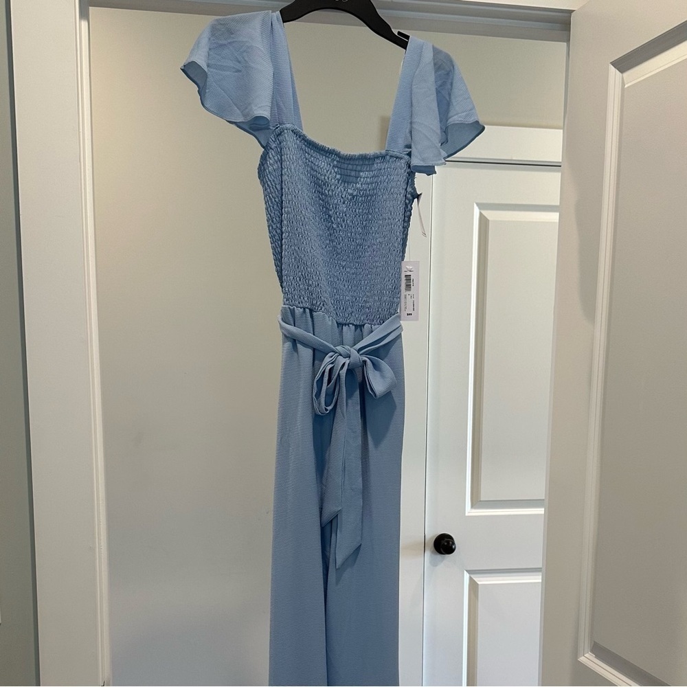Premier Amour Light Blue Smocked Jumpsuit